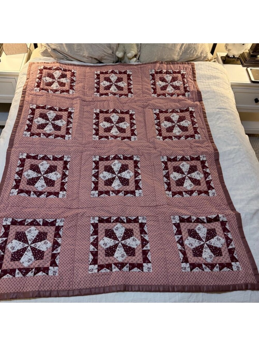 Vintage Handmade Pink Pinwheel Patchwork Quilt – Cottagecore Grandmillennial Bed